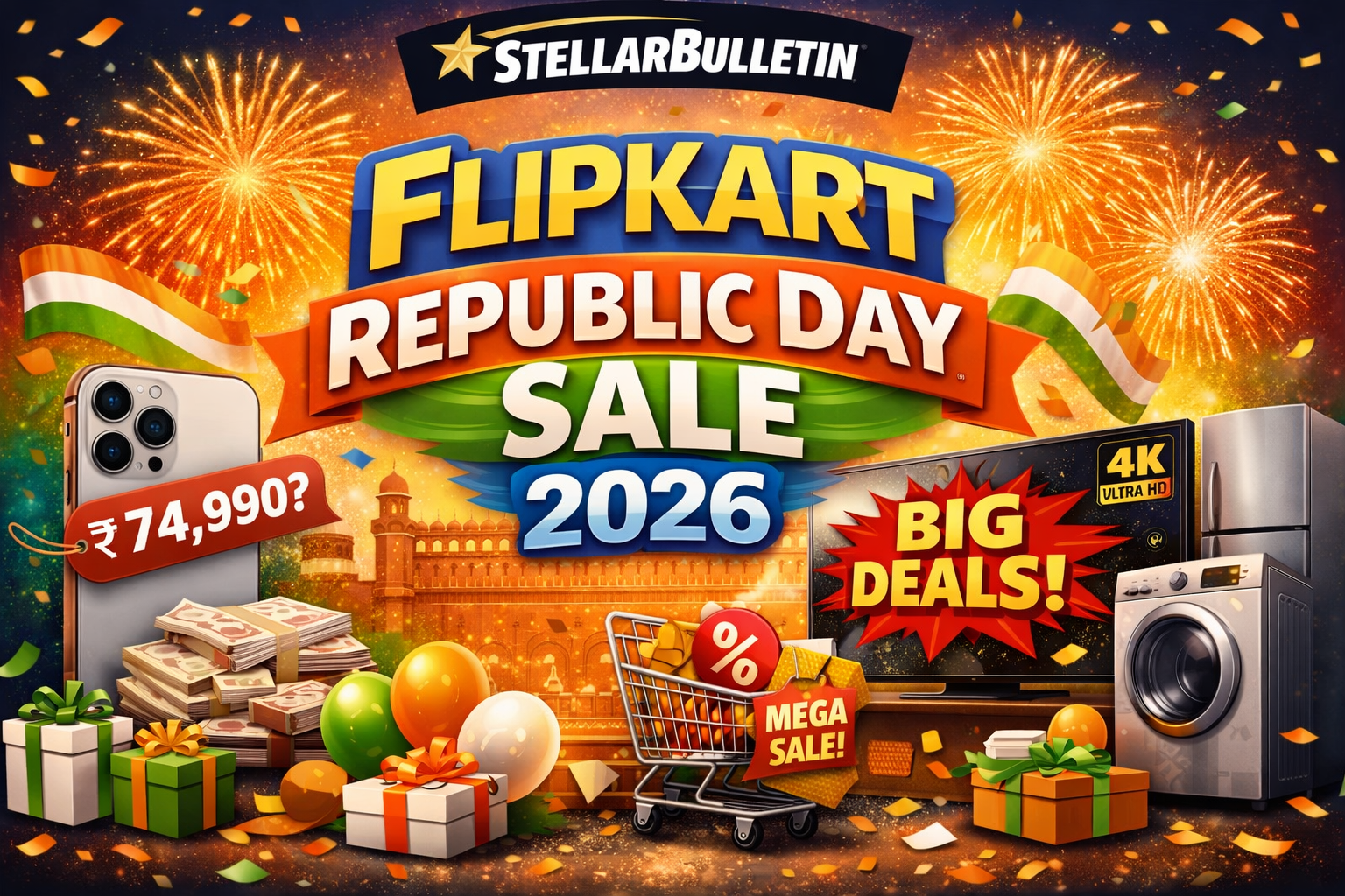 Flipkart Republic Day Sale 2026 banner showing fireworks, Indian tricolour theme, smartphone discounts, 4K TV, washing machine, refrigerator and big deals offers