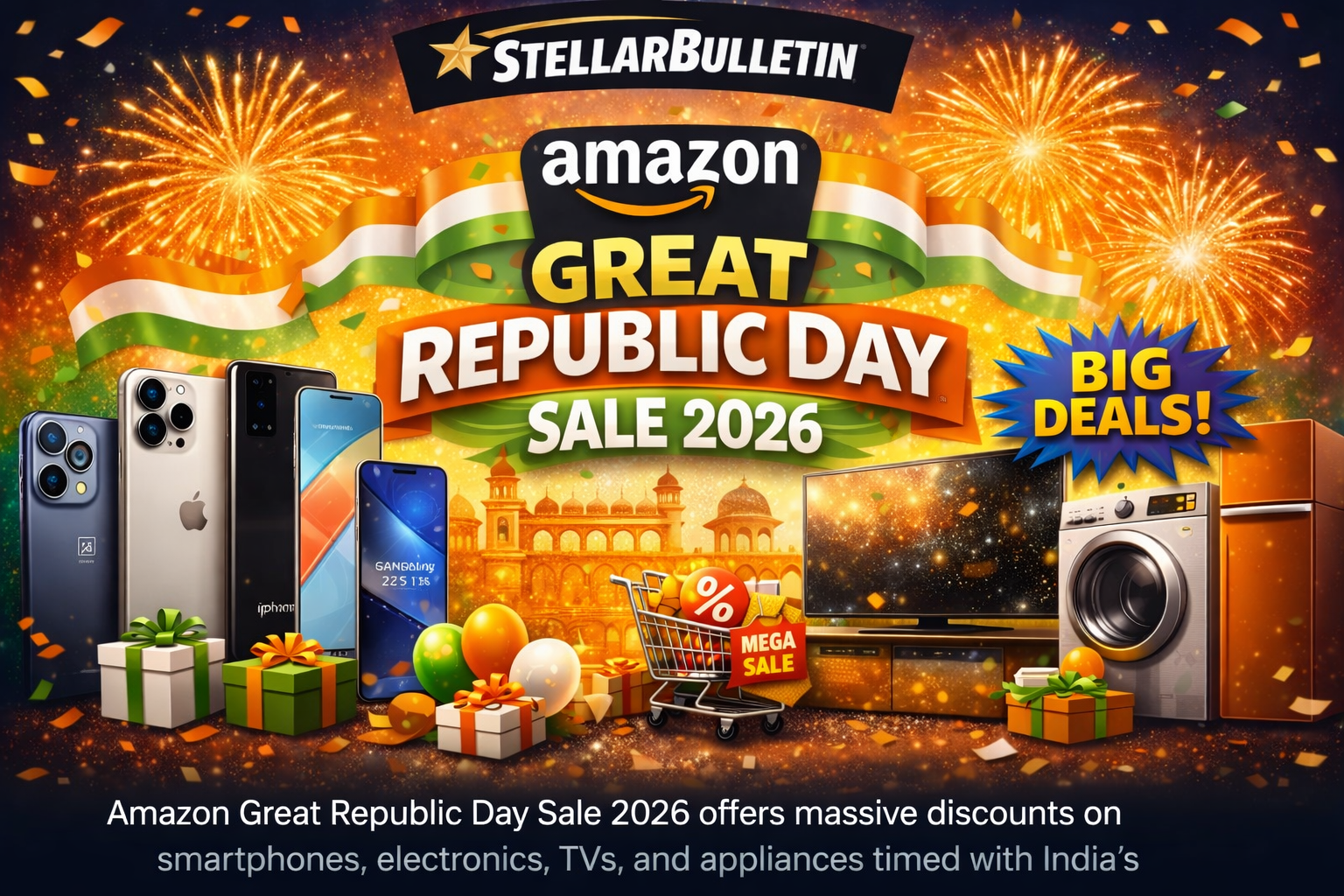 Amazon Great Republic Day Sale 2026 banner with StellarBulletin logo, Indian tricolour theme, fireworks, smartphones, TV, washing machine and big deals offers